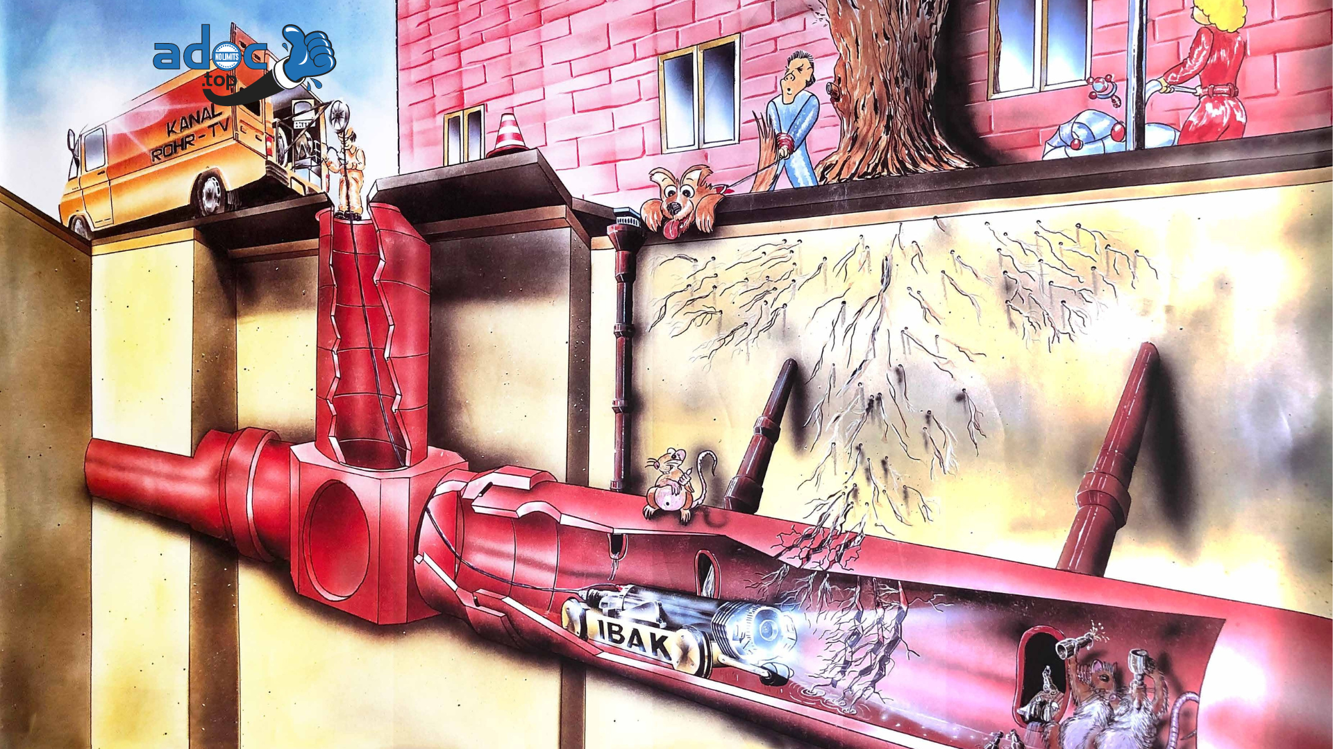 Un dessin d'un tuyau rouge traversant un mur de briques