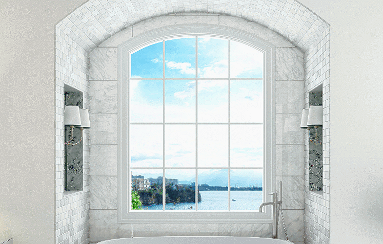 white custom window in bathroom over bathtub