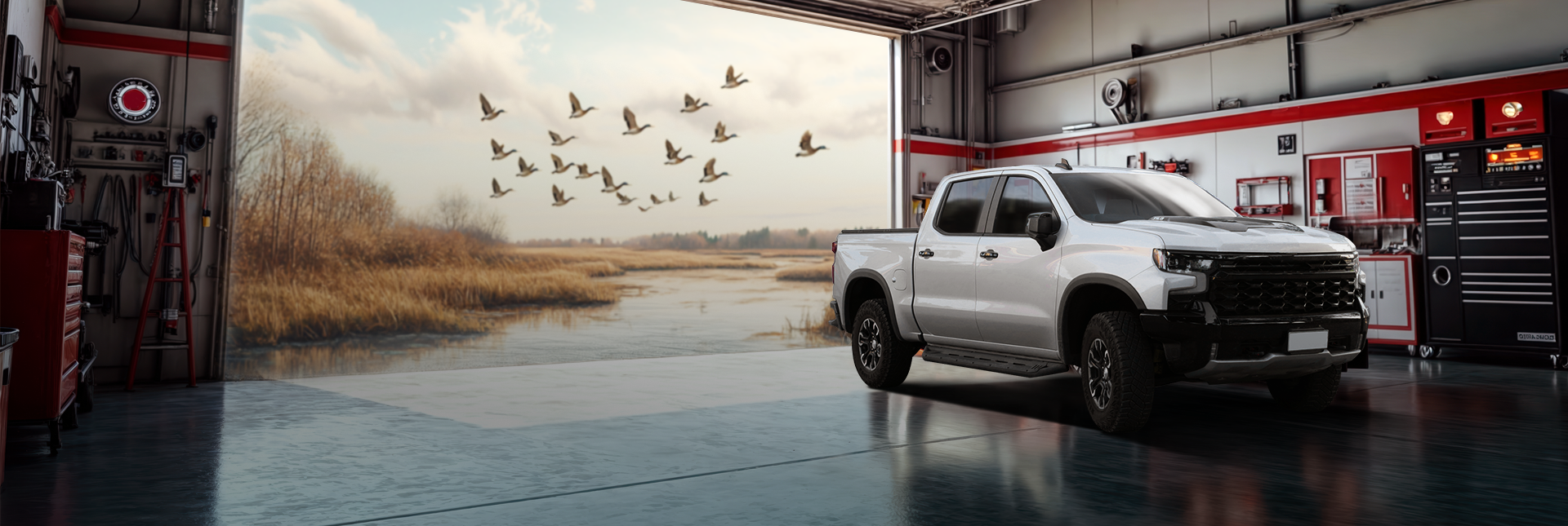 White truck inside a garage with the open door revealing a marsh and flock of birds.