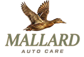 Logo for Mallard Auto Care: a duck in flight, text 