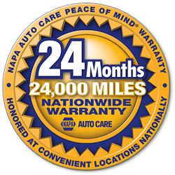 NAPA Auto Care 24-month/24,000-mile nationwide warranty badge in gold and blue.