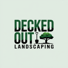 Logo for Decked Out Landscaping with green text and a shovel and tree icon.