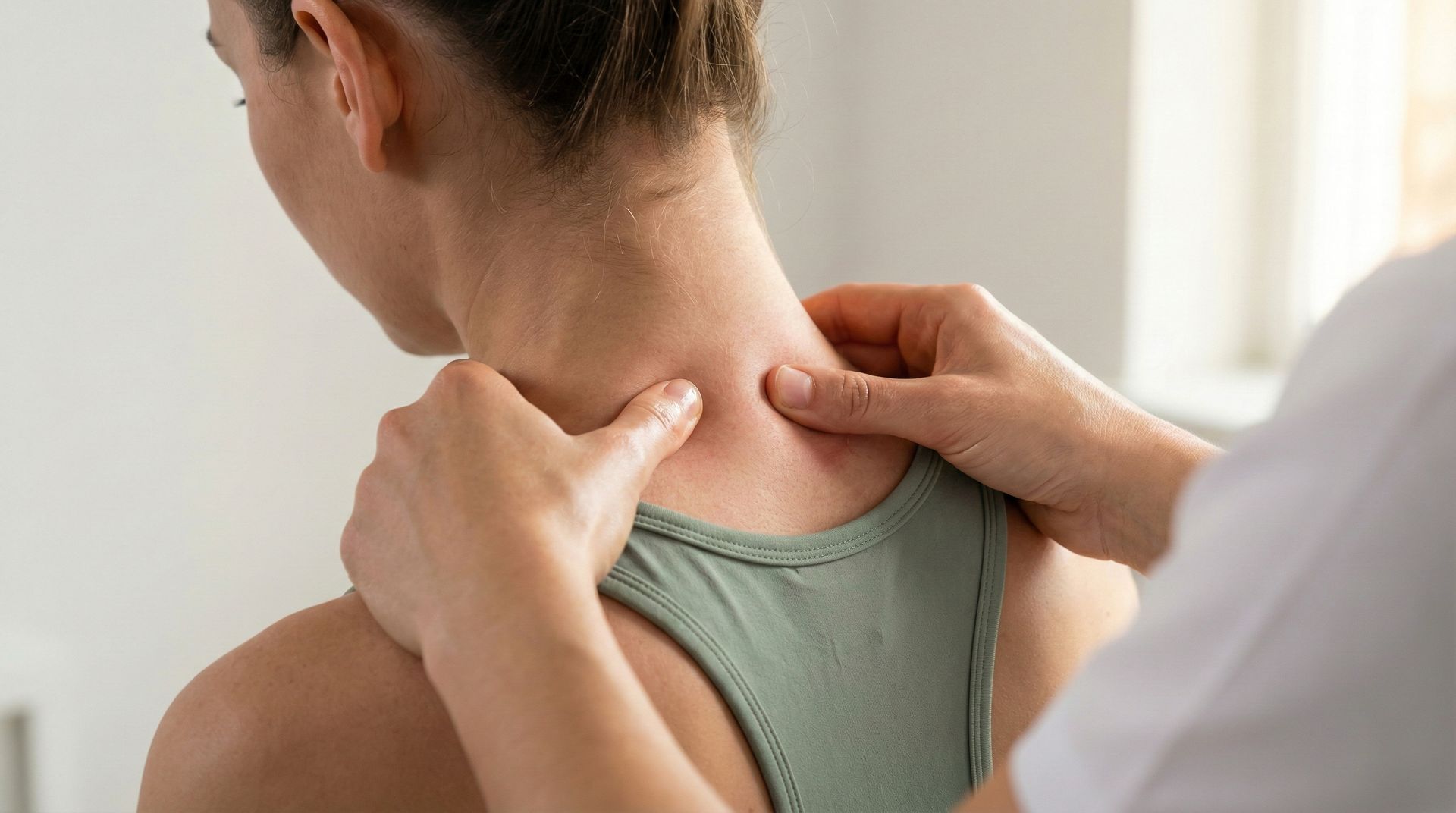 Person receiving a shoulder and neck massage from a therapist in a bright room