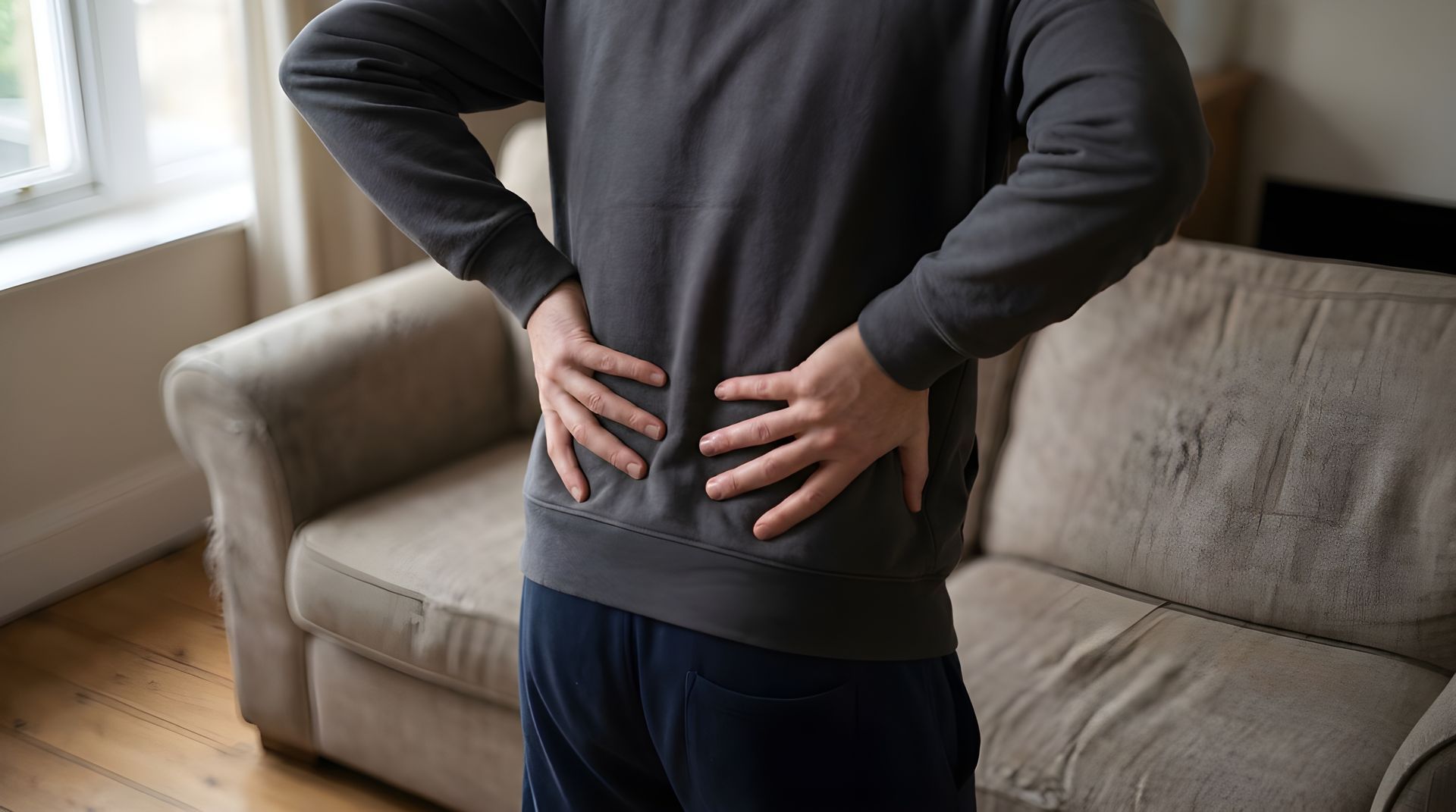 Person holding their lower back in a living room beside a beige couch.