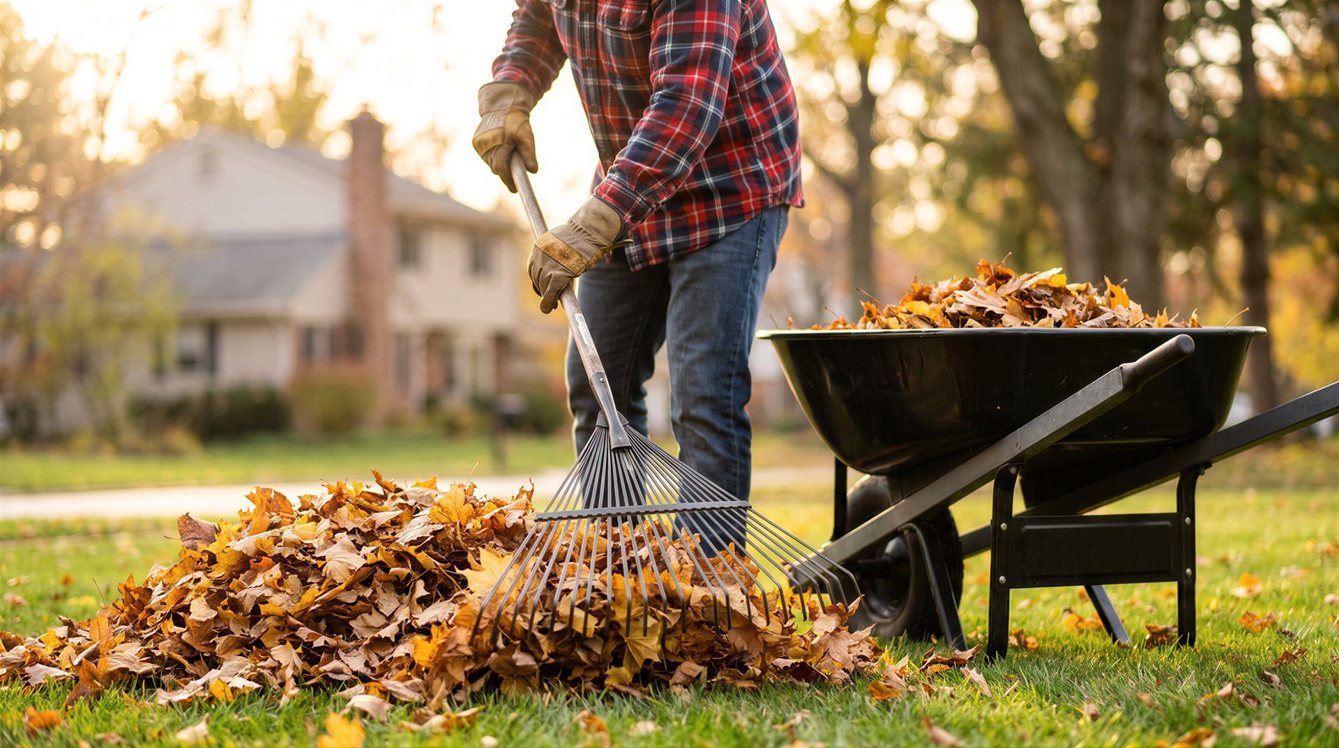 Person raking autumn leaves into a wheelbarrow in a yard with a pile of leaves nearby