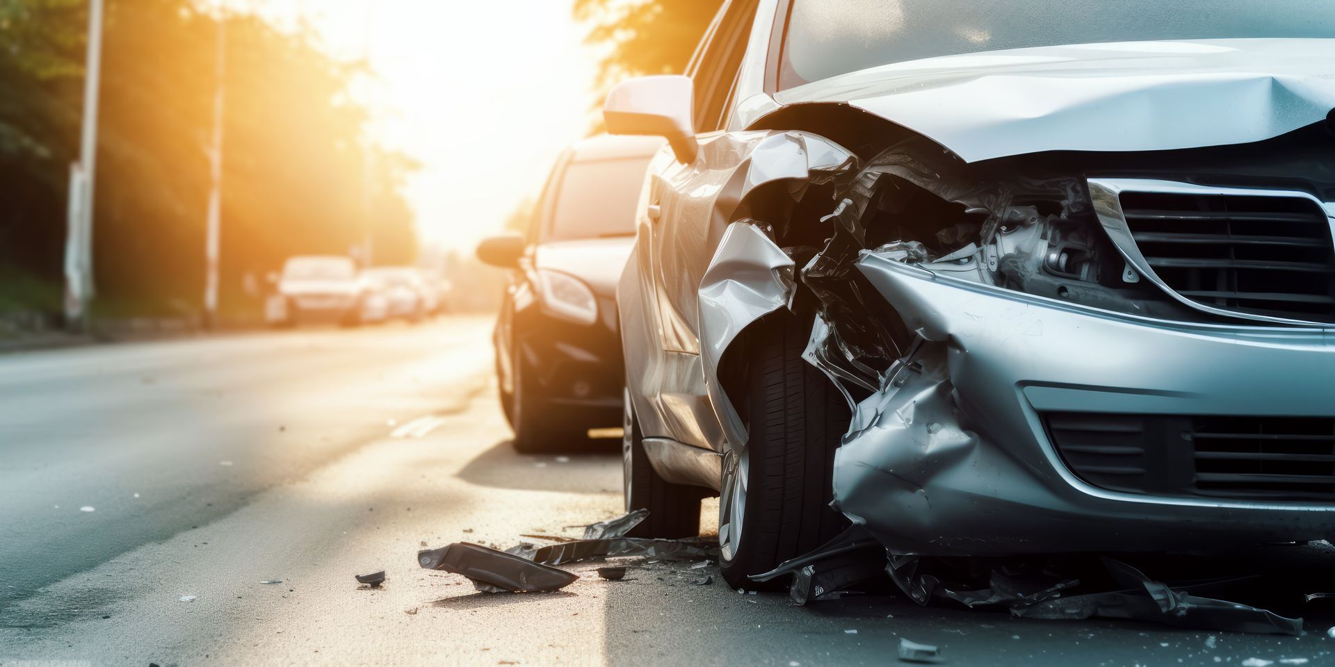 Front-end car damage after a collision on a sunlit road, with debris on the pavement