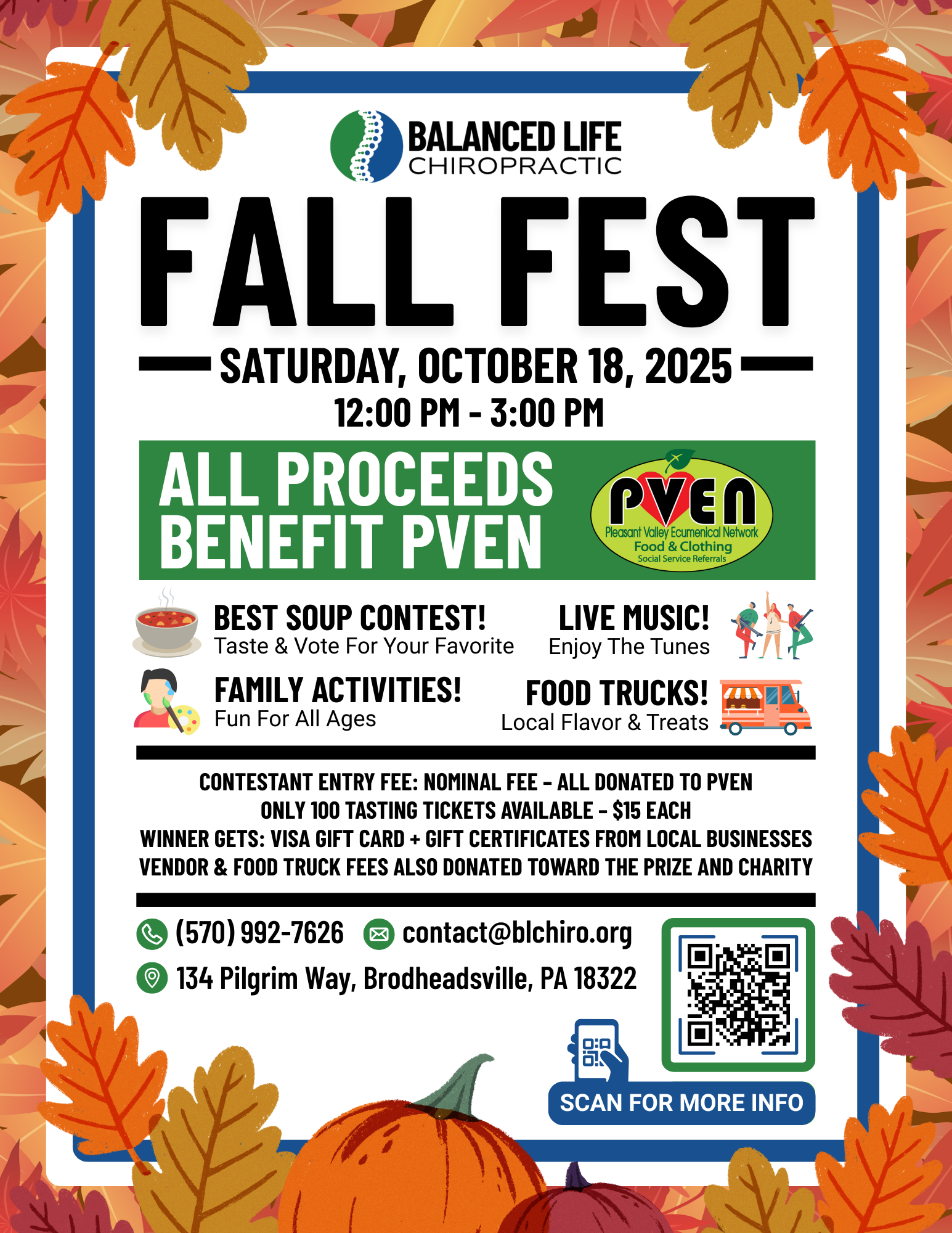 Fall Fest poster with event details: date, time, activities, food trucks, and fundraiser for PVEN.