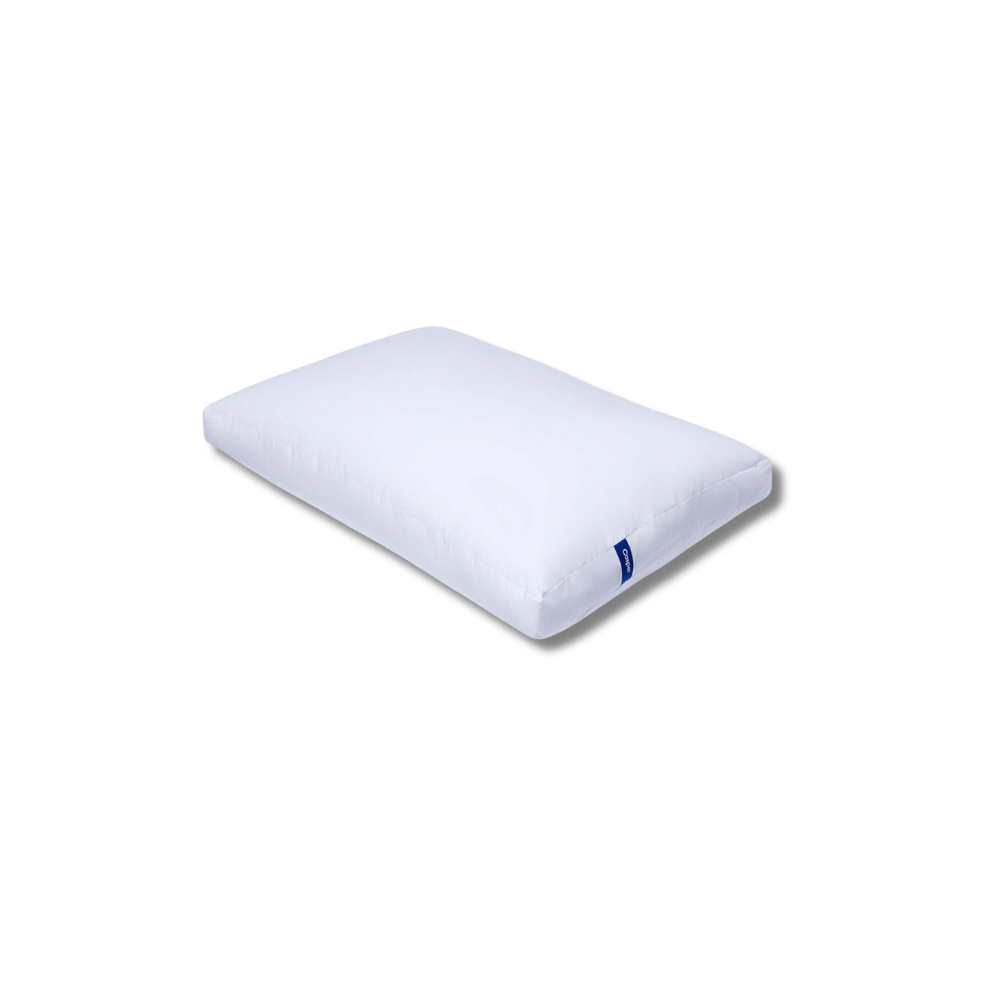 A white pillow with a blue logo on it is sitting on a white surface.