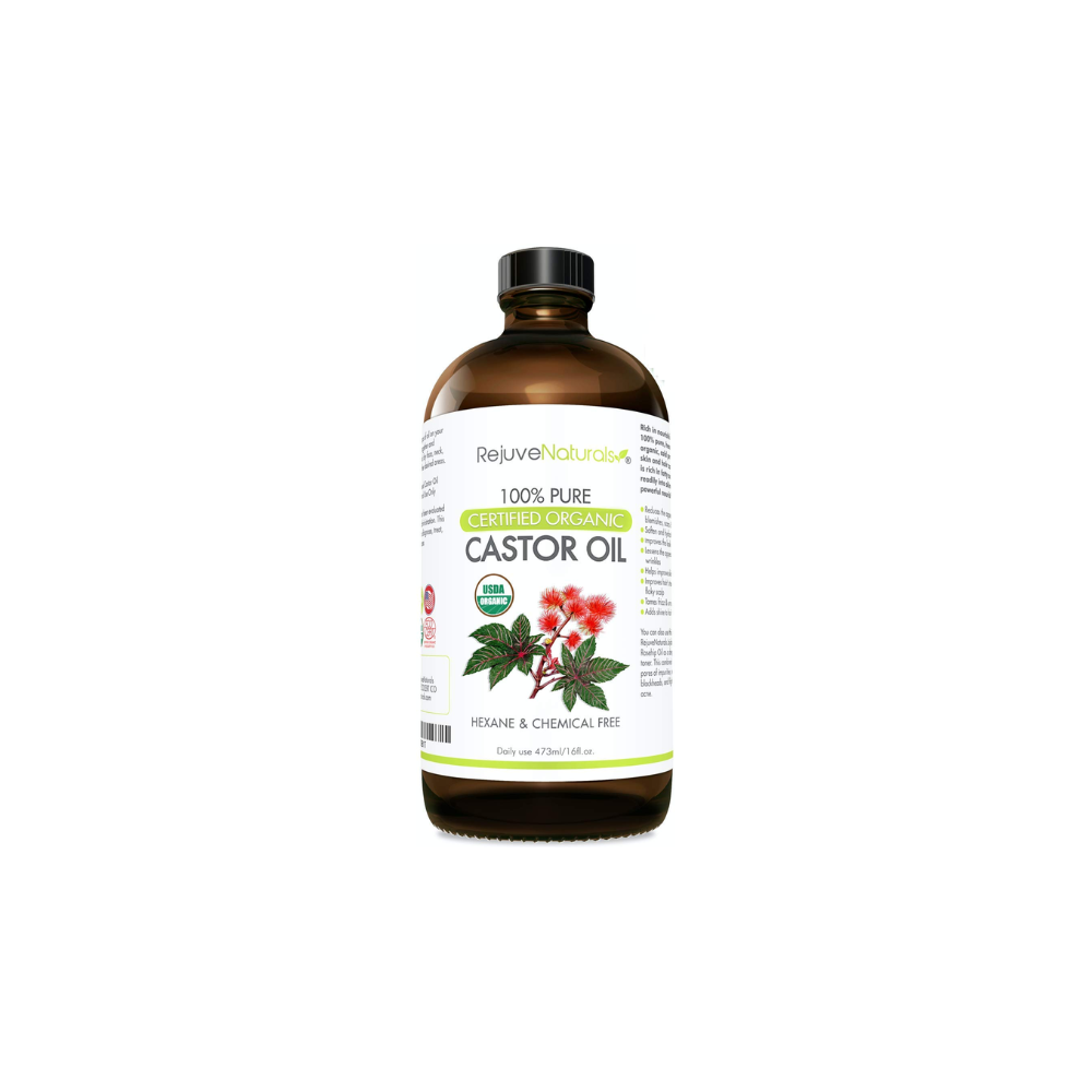A bottle of castor oil on a white background.