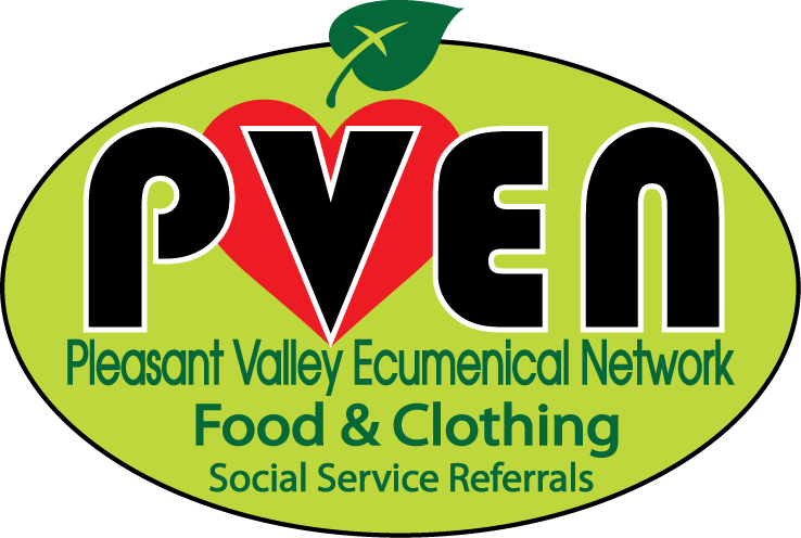 Logo for Pleasant Valley Ecumenical Network, food & clothing social service. Green oval, red heart, leaf, bold letters.