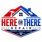 Here or There Repair logo with red and blue house roof, tools, and remodeling/restore/renew text