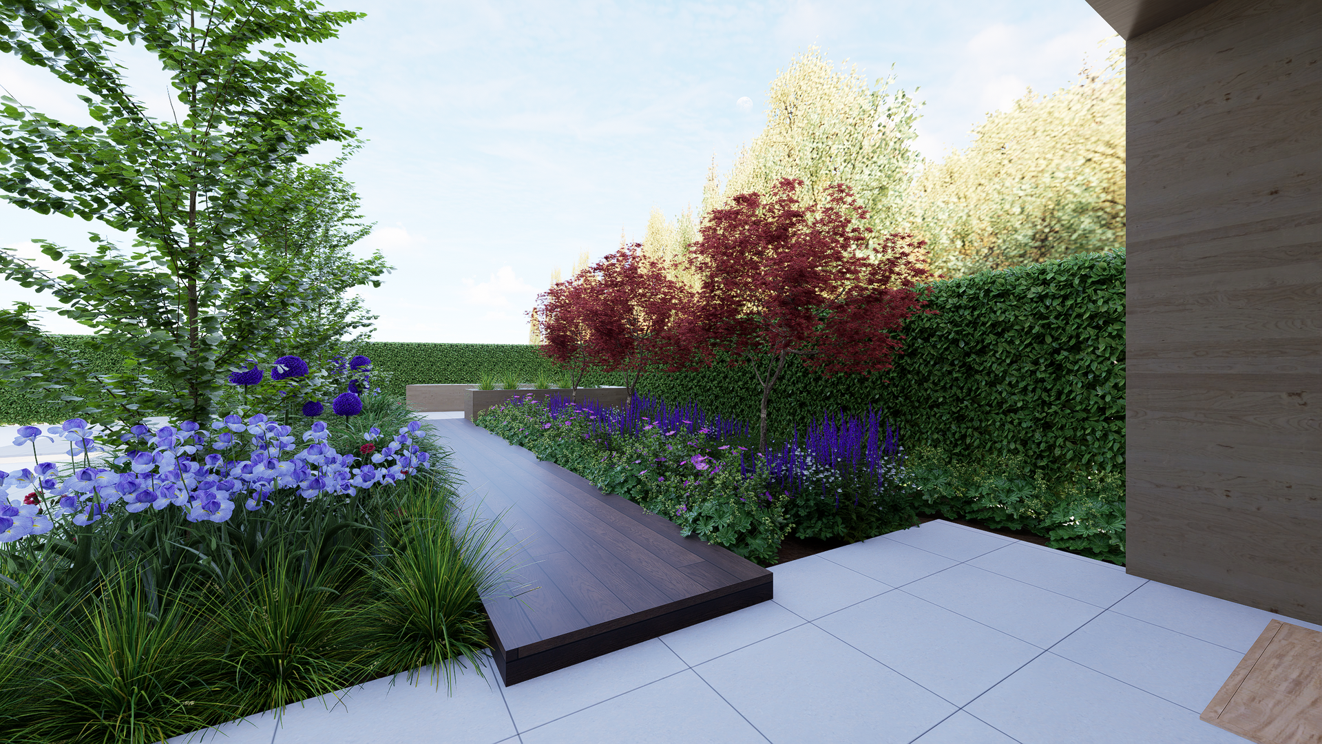 Pathway through a garden with purple and red flowers, green hedges, and trees.