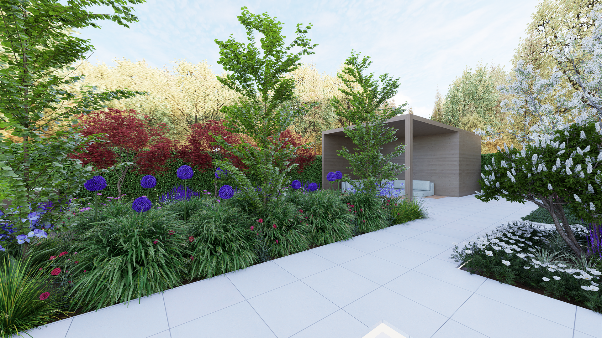A garden with a white paved path, various colorful plants, and a wooden gazebo.
