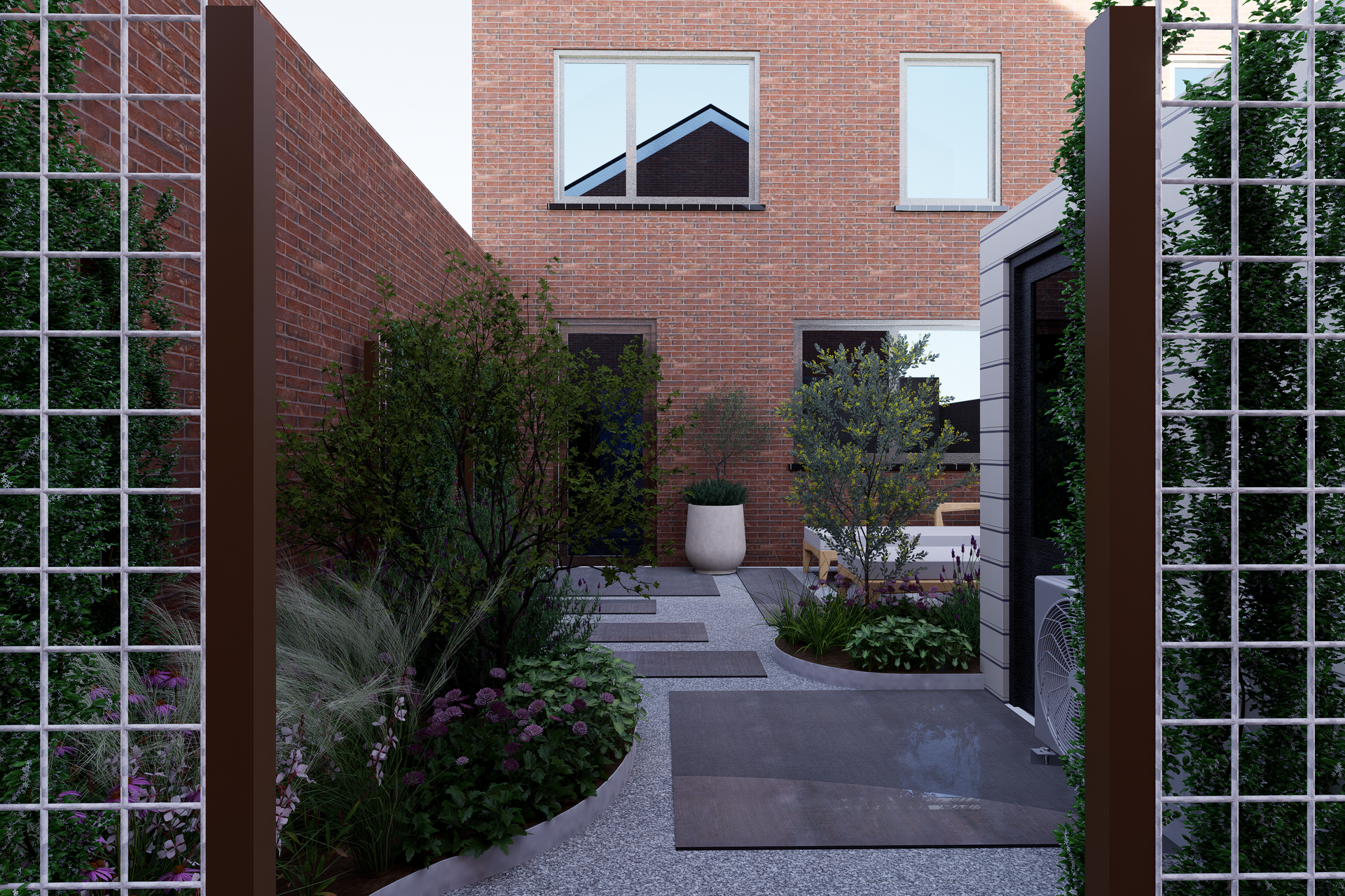 Outdoor garden with brick wall, gravel path, and greenery framed by trellis.