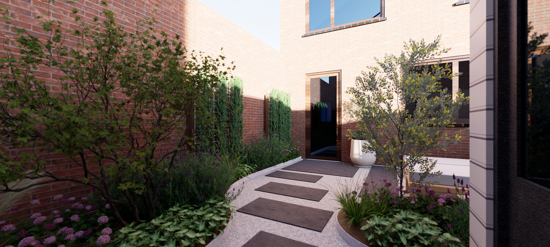 A stone pathway leads to a doorway, surrounded by greenery and brick walls.
