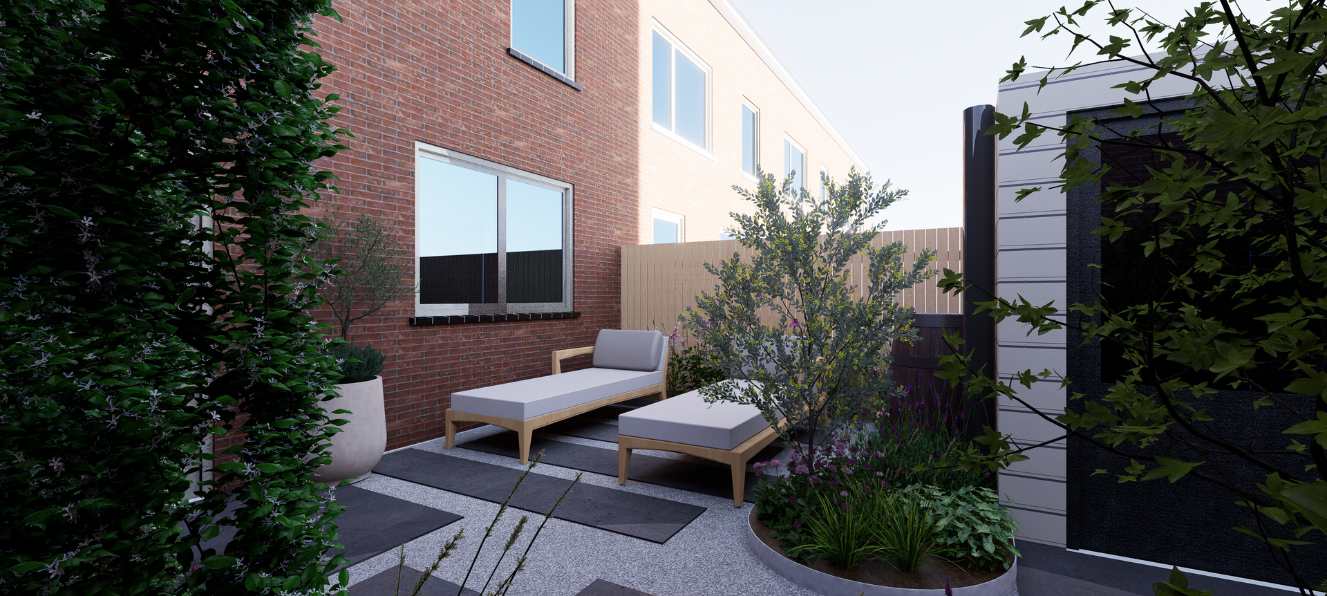 Outdoor patio with lounge chairs, brick wall, plants, and pebble ground.