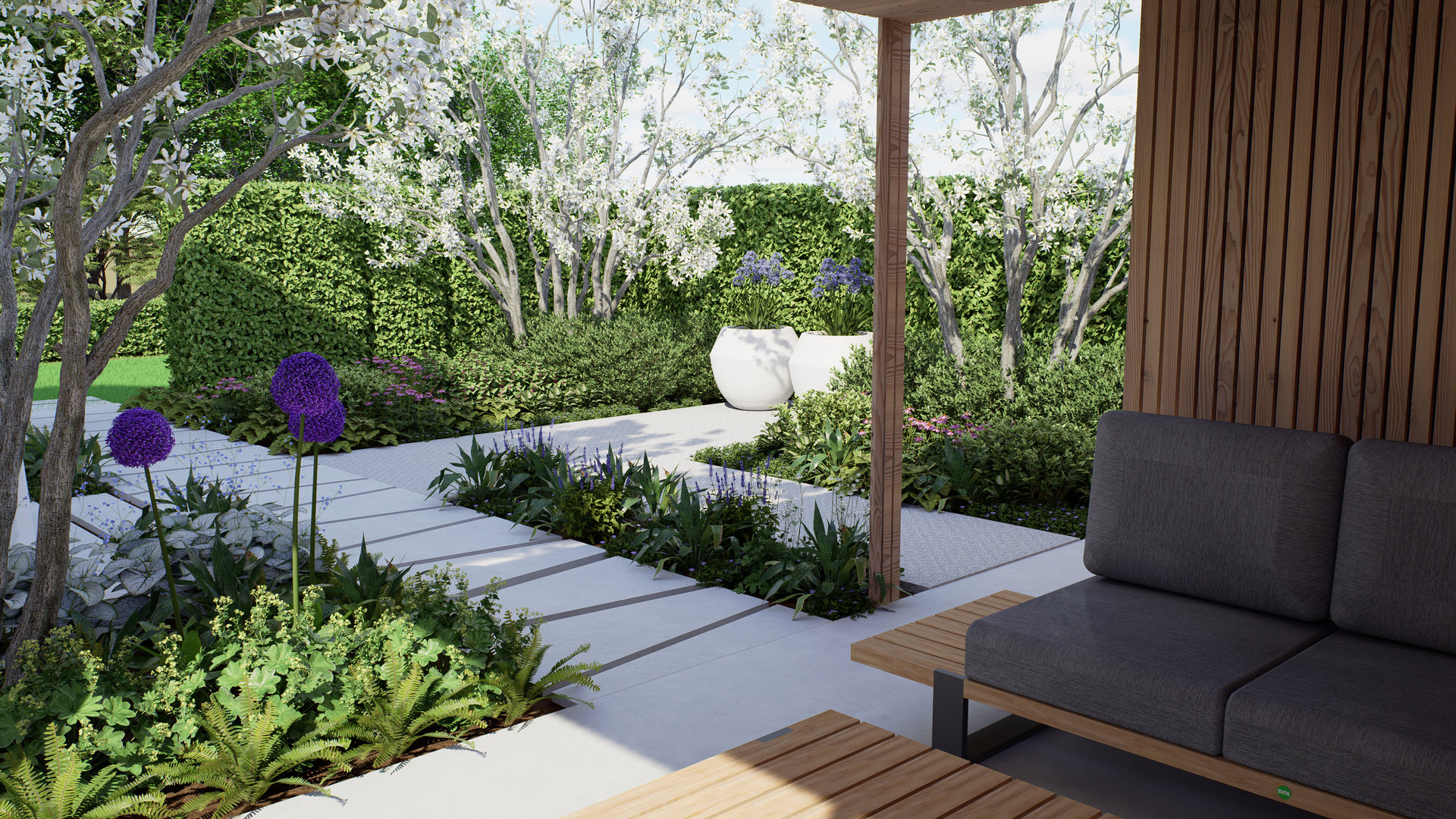 A modern garden with stone path, green plants, wooden shelter with couch, and white flower trees.