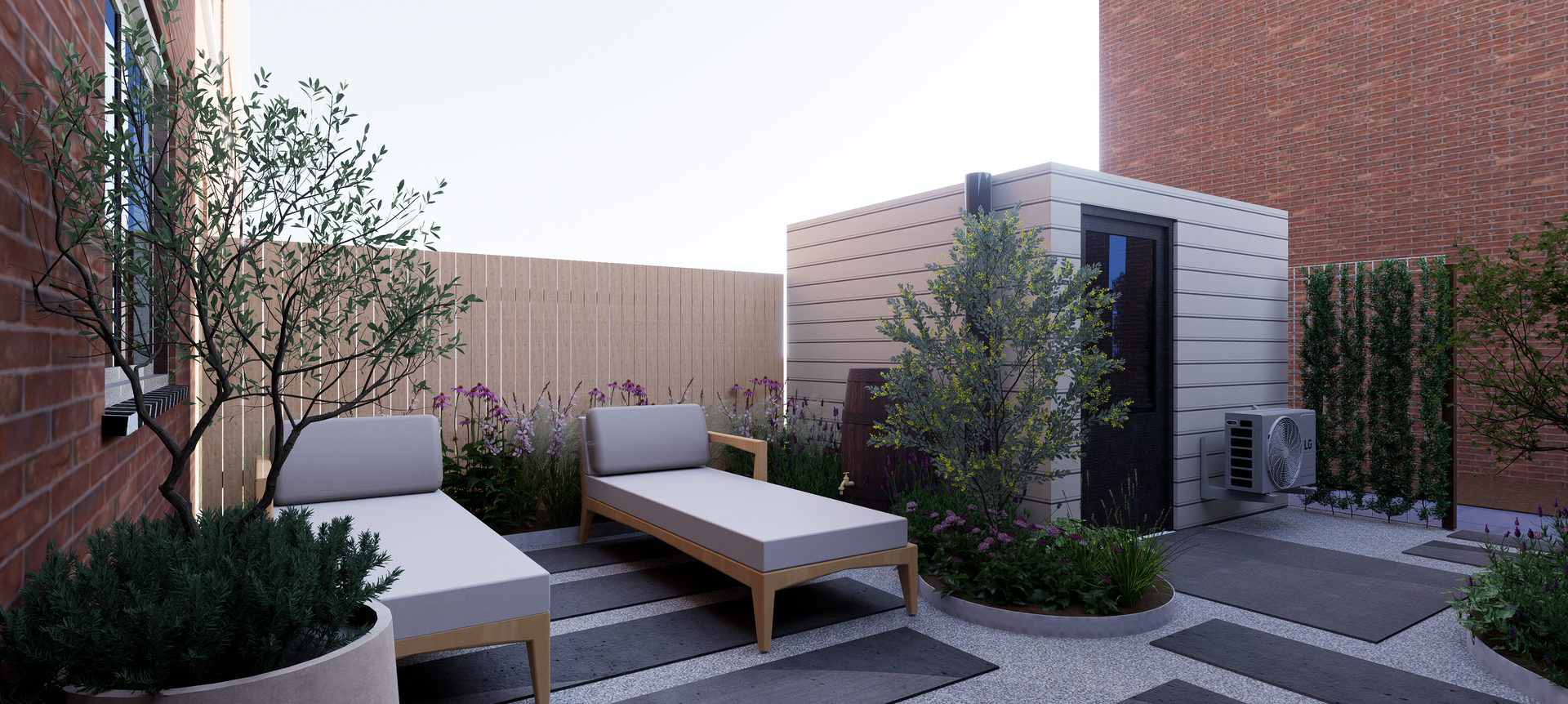 Rooftop patio with lounge chairs, trees, and a building with a white perforated facade.