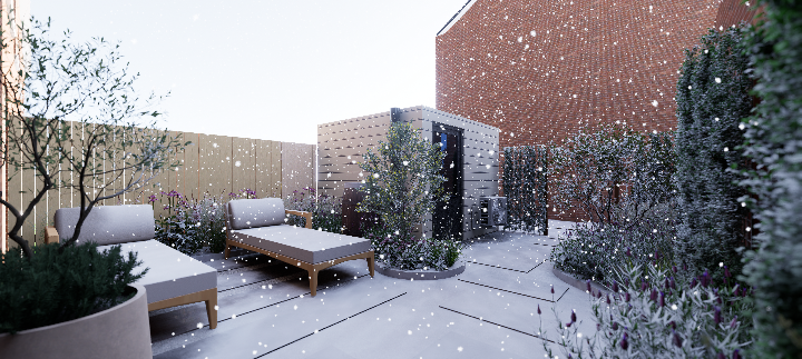 Snowy outdoor patio with lounge chairs, trees, and a small shed.