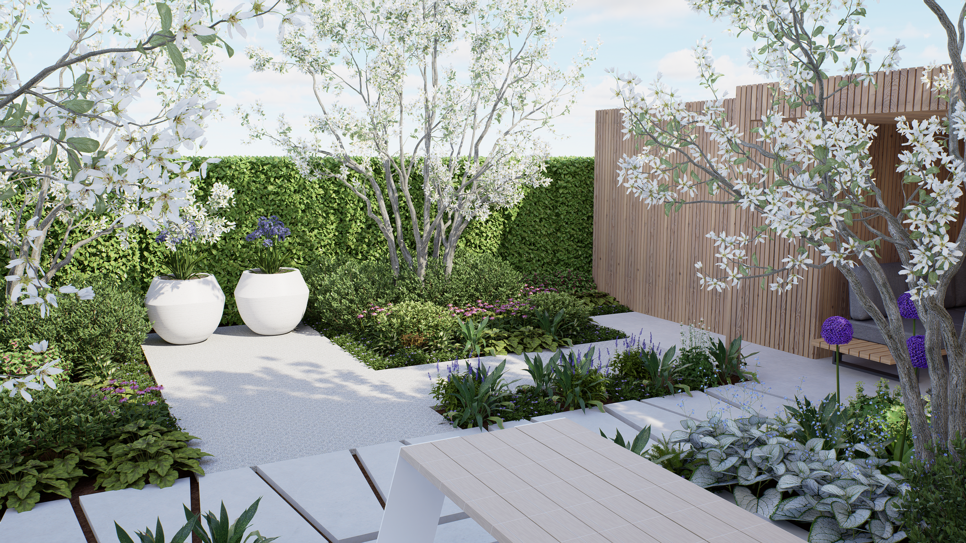 A serene garden with white blossoms, stone pathway, wooden structure, and green hedges.