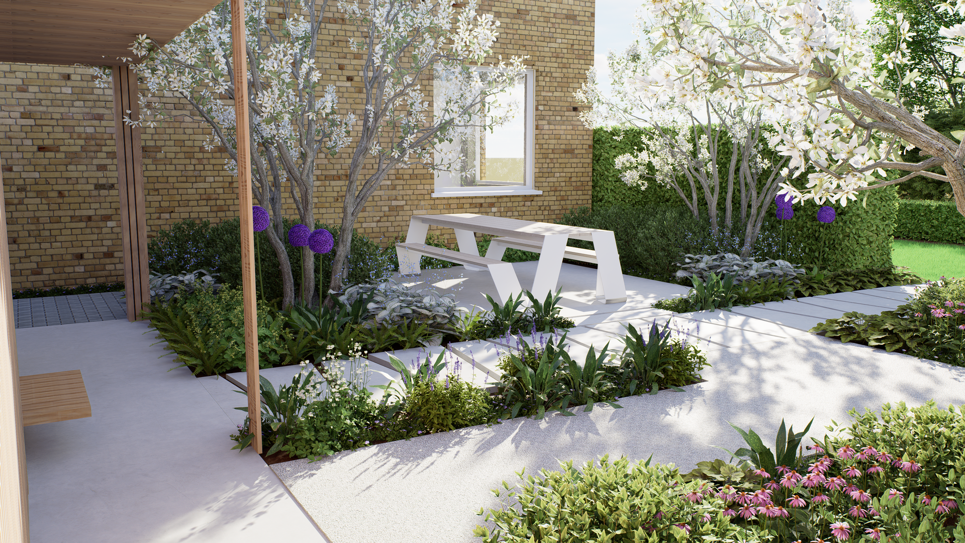 Garden with white bench, trees, and greenery, set beside a brick building. Bright sunlight illuminates the scene.