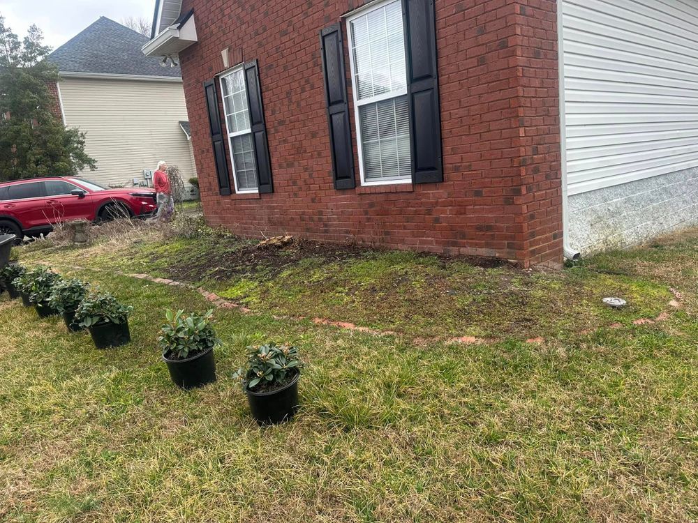 Red brick house with black shutters, lawn, and shrubs in black pots; red car parked in driveway.