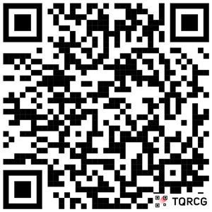Black-and-white QR code with TQRC logo in the lower right corner
