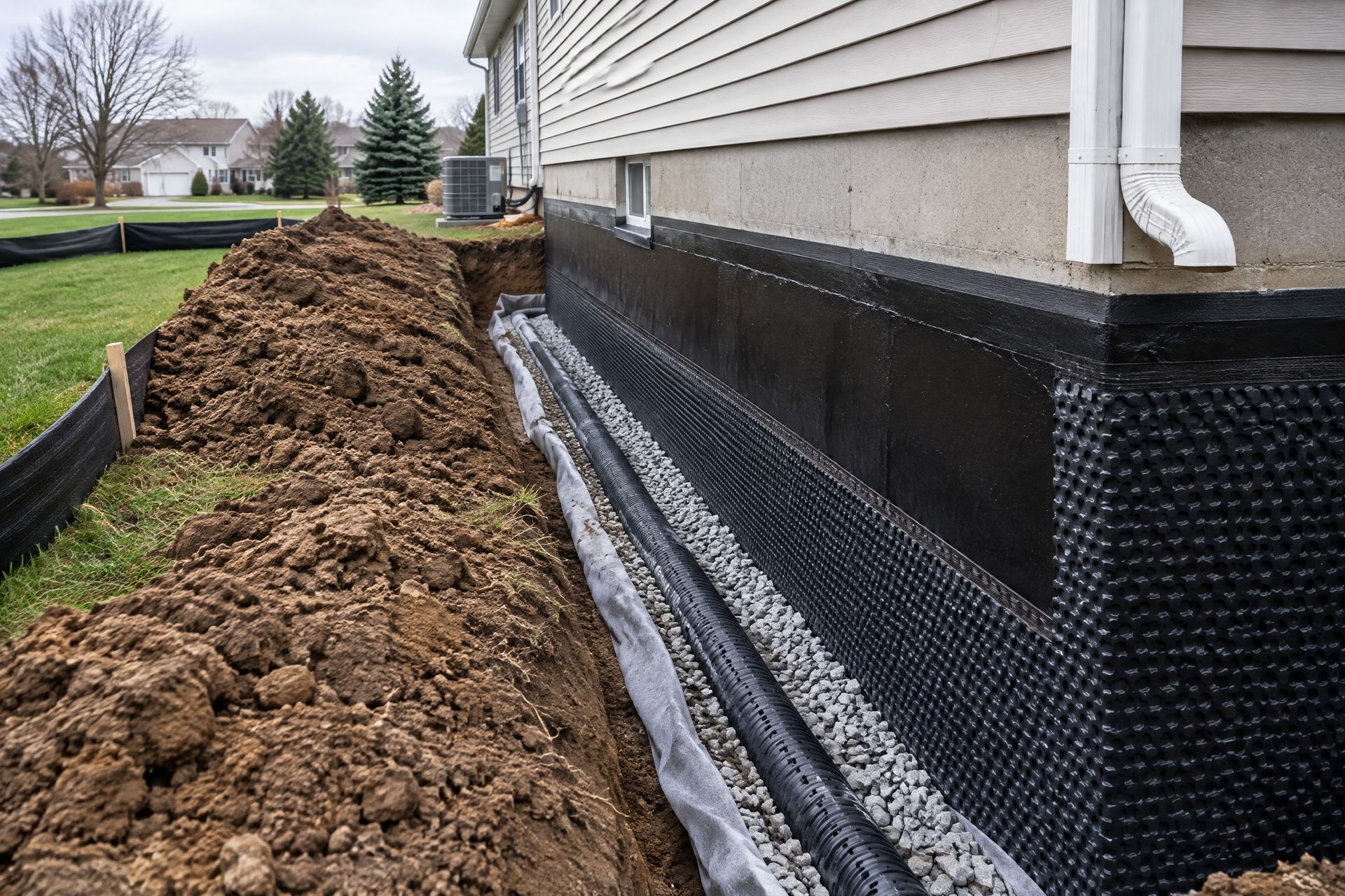 Exterior waterproofing excavation and French drain at a Reynoldsburg, OH home
