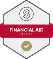 Badge: Financial Aid Eligible, blue banner, building icon, dollar sign.