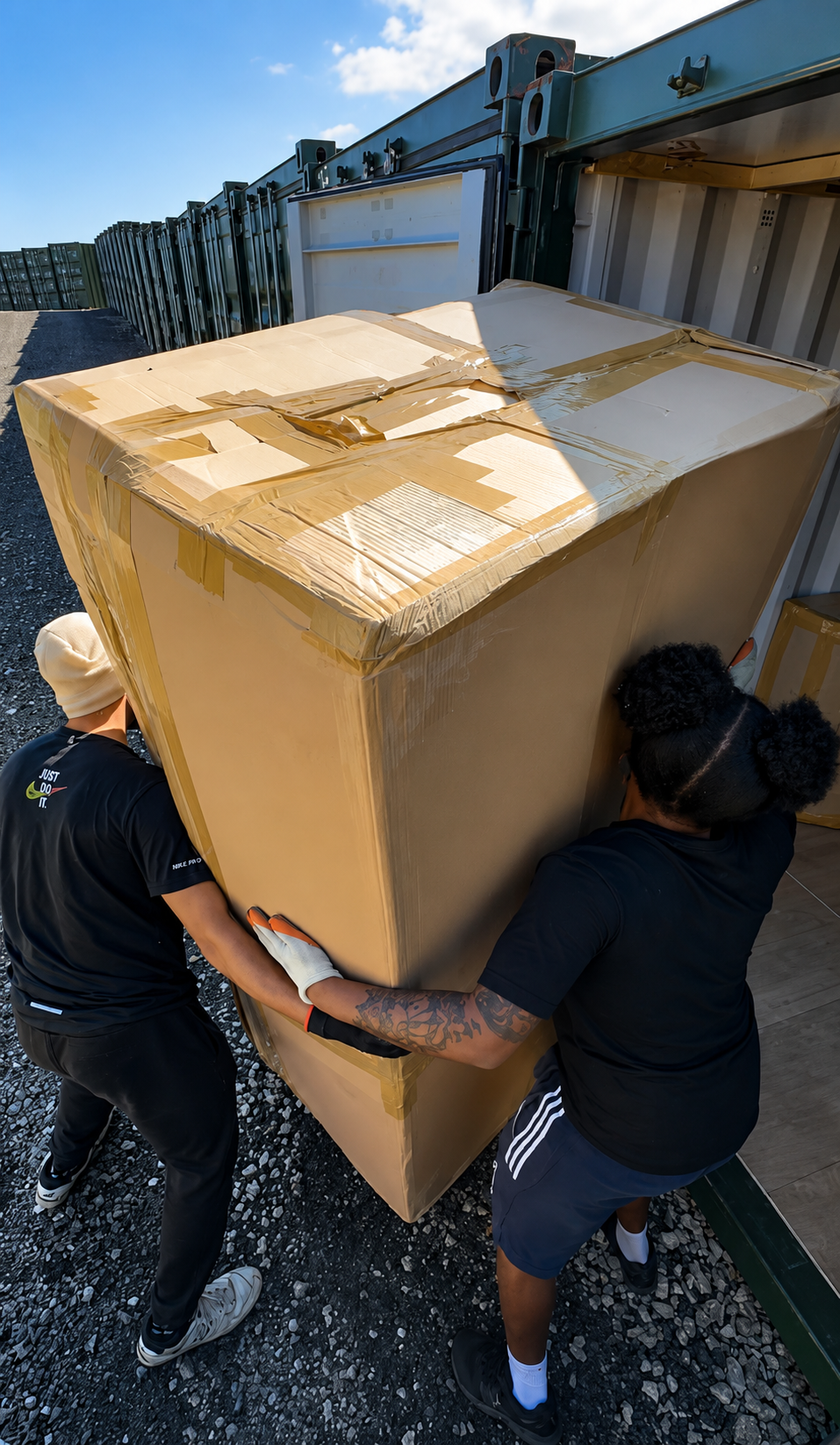 removal team carrying a big cardboard box