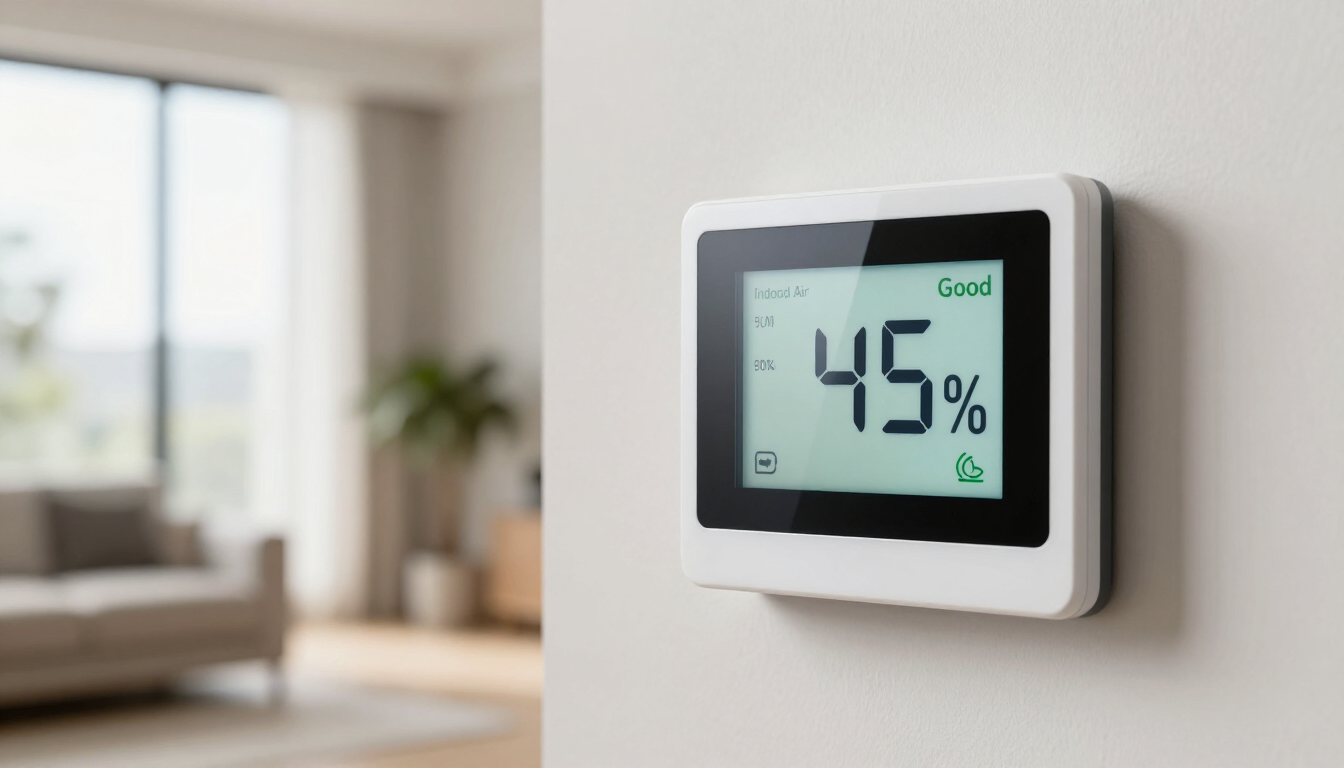 Digital humidity meter on a wall showing 45% in a bright living room