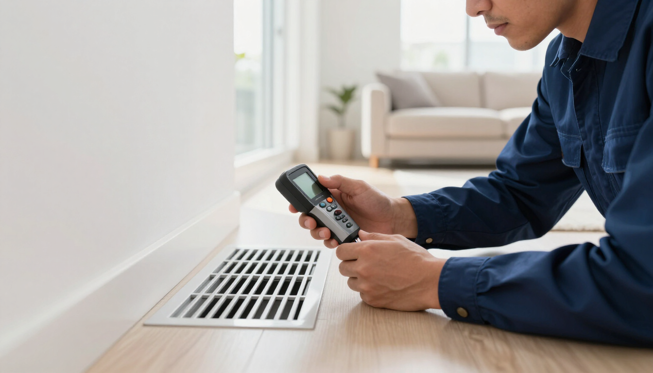 Technician testing a wall vent with a handheld meter in a bright room