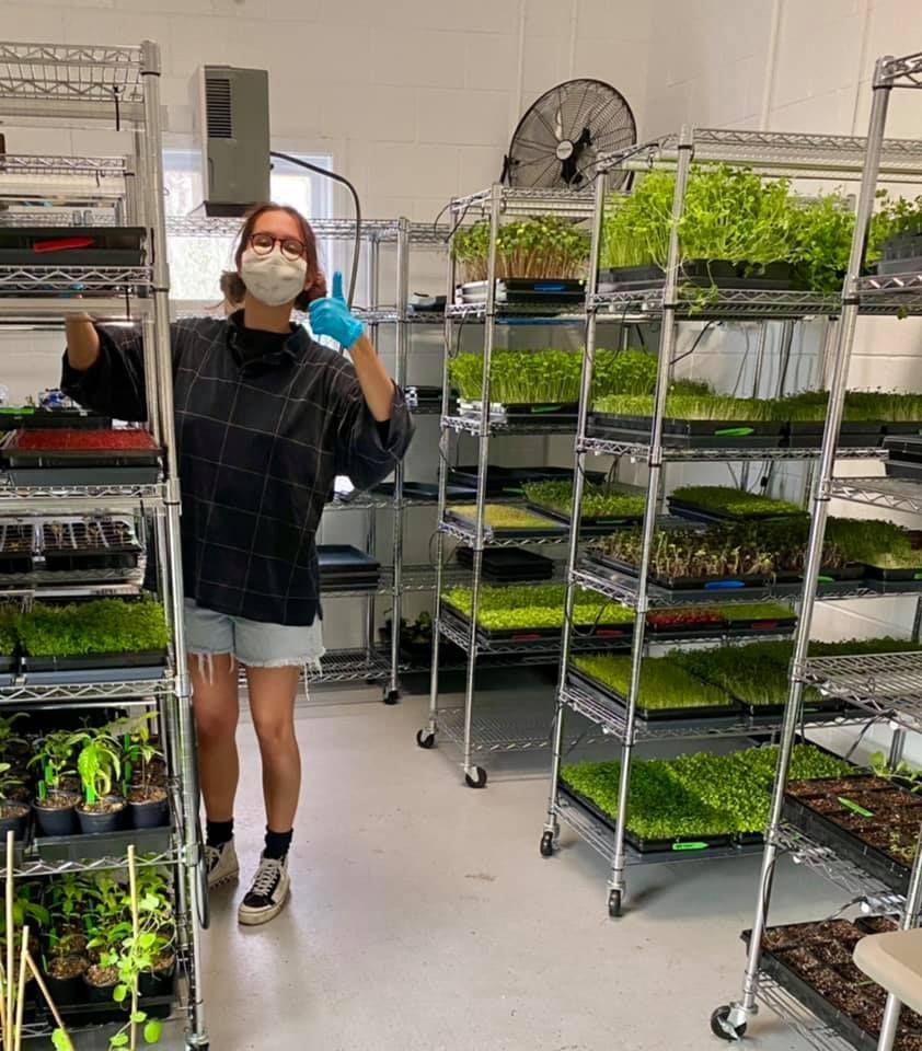 A woman wearing a mask and blue gloves is standing in a room filled with shelves of plants.