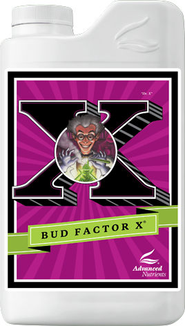 Bud Factor X supplement bottle with purple label, large X, and green banner