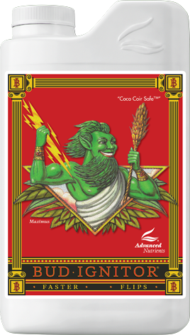 White jug with red Bud Ignitor label featuring a green gnome holding a flag and torch