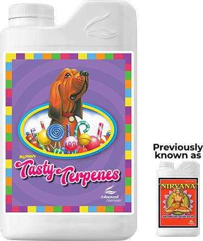 Tasty Terpenes cannabis supplement bottle with colorful label and dog illustration, plus old label inset