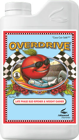 Overdrive bottle label with red car character, checkered flags, and racing-themed design