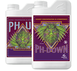 Two white PH-DOWN bottles with purple labels and a green face graphic