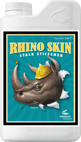 Rhino Skin stalk stiffener bottle with a rhino illustration and yellow hard hat on the label