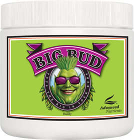 White container of Big Bud Advanced Nutrients plant supplement with a green cartoon face logo and purple label