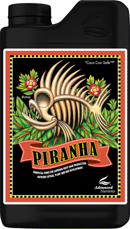 Black bottle of Piranha Coco Coir Soil Mix with colorful fish-and-plants label