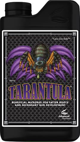 Black bottle label with purple tarantula graphic and large “TARANTULA” text for a vaporizer product