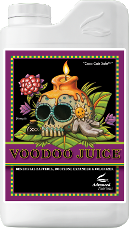 White bottle of Voodoo Juice with colorful skull-and-candle label, likely a plant nutrient product