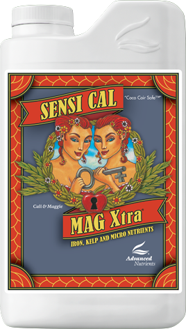 White plastic bottle of Sensi Cal Mag Xtra plant supplement with red label