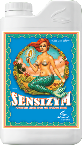 Bottle of Sensizym supplement with teal mermaid label and white cap