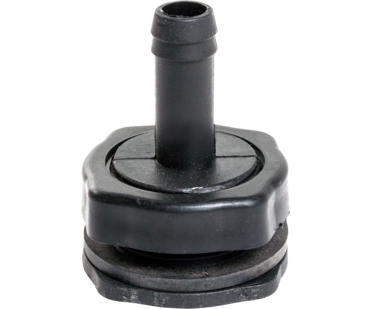 Black rubber hose connector with a central vertical nozzle