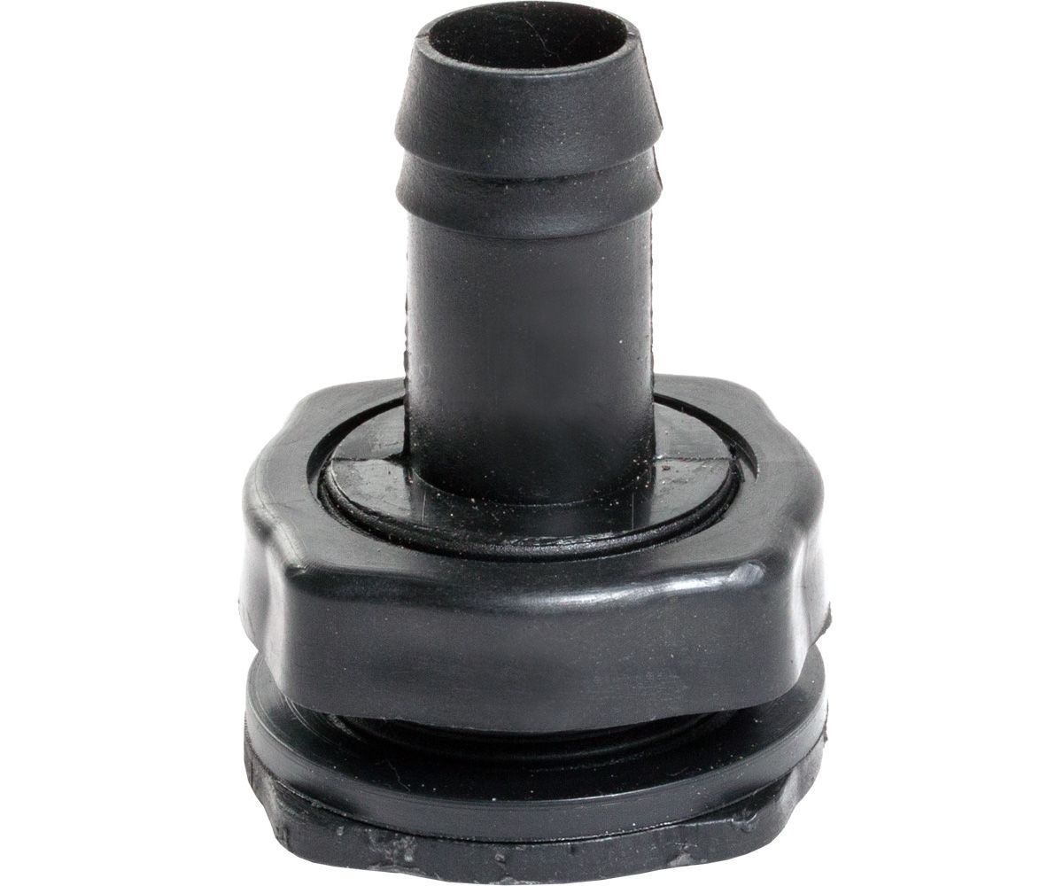 Black plastic hose connector fitting with a narrow nozzle and threaded base