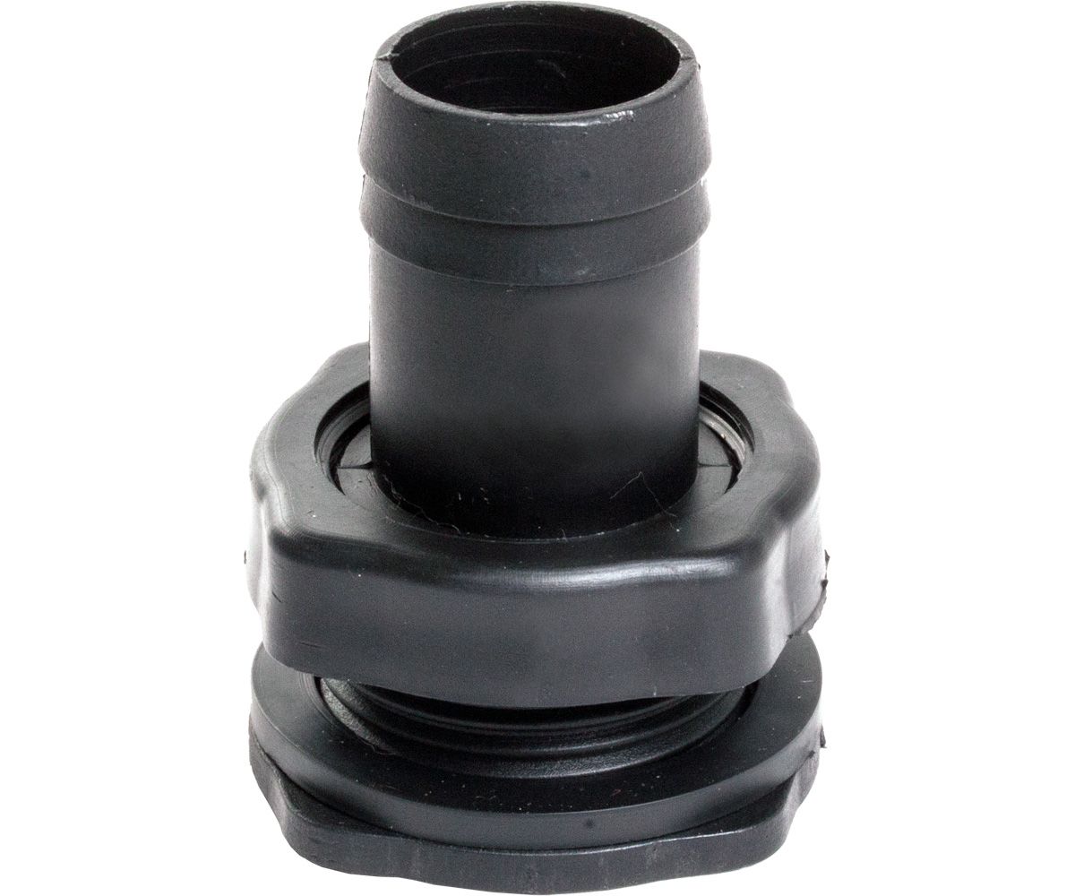Black plastic hose connector with a cylindrical nozzle and threaded base