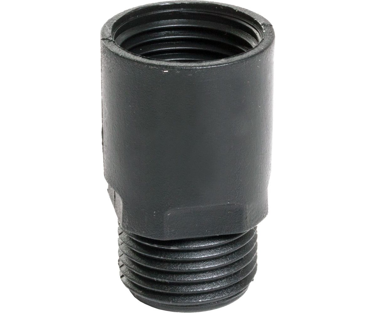Black threaded pipe fitting with male threads on one end and female threads on the other