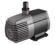 Gray and black electric water pump with ribbed front grille and hose connector